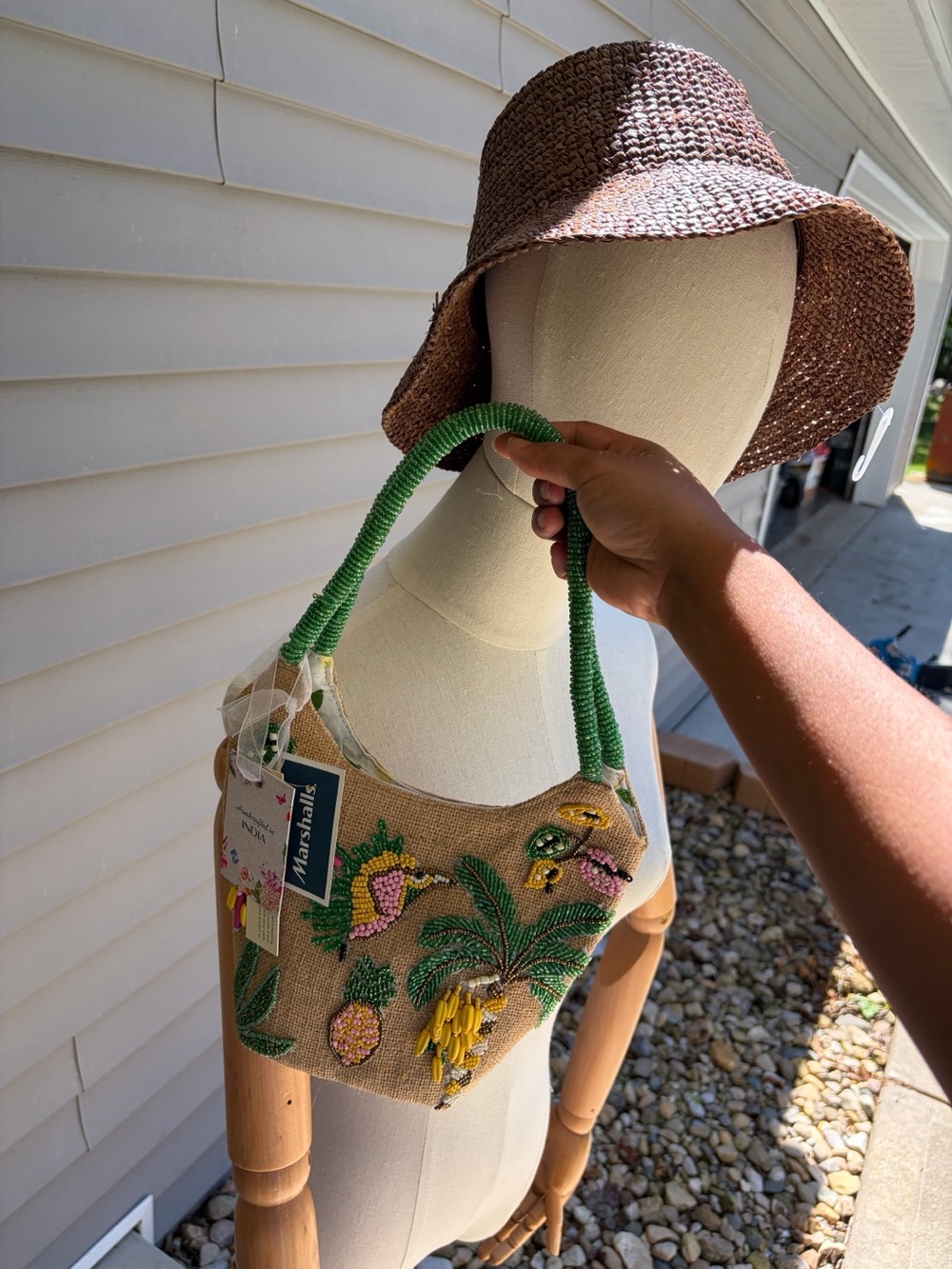 Beaded Tropical Embroidered Mini Bag in Green and Tan